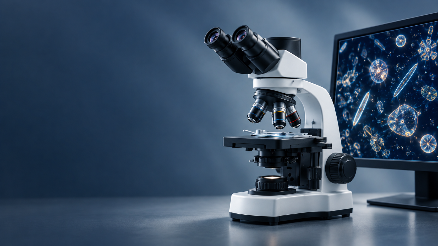 Microscopio de campo oscuro junto a un monitor con una imagen microscópica