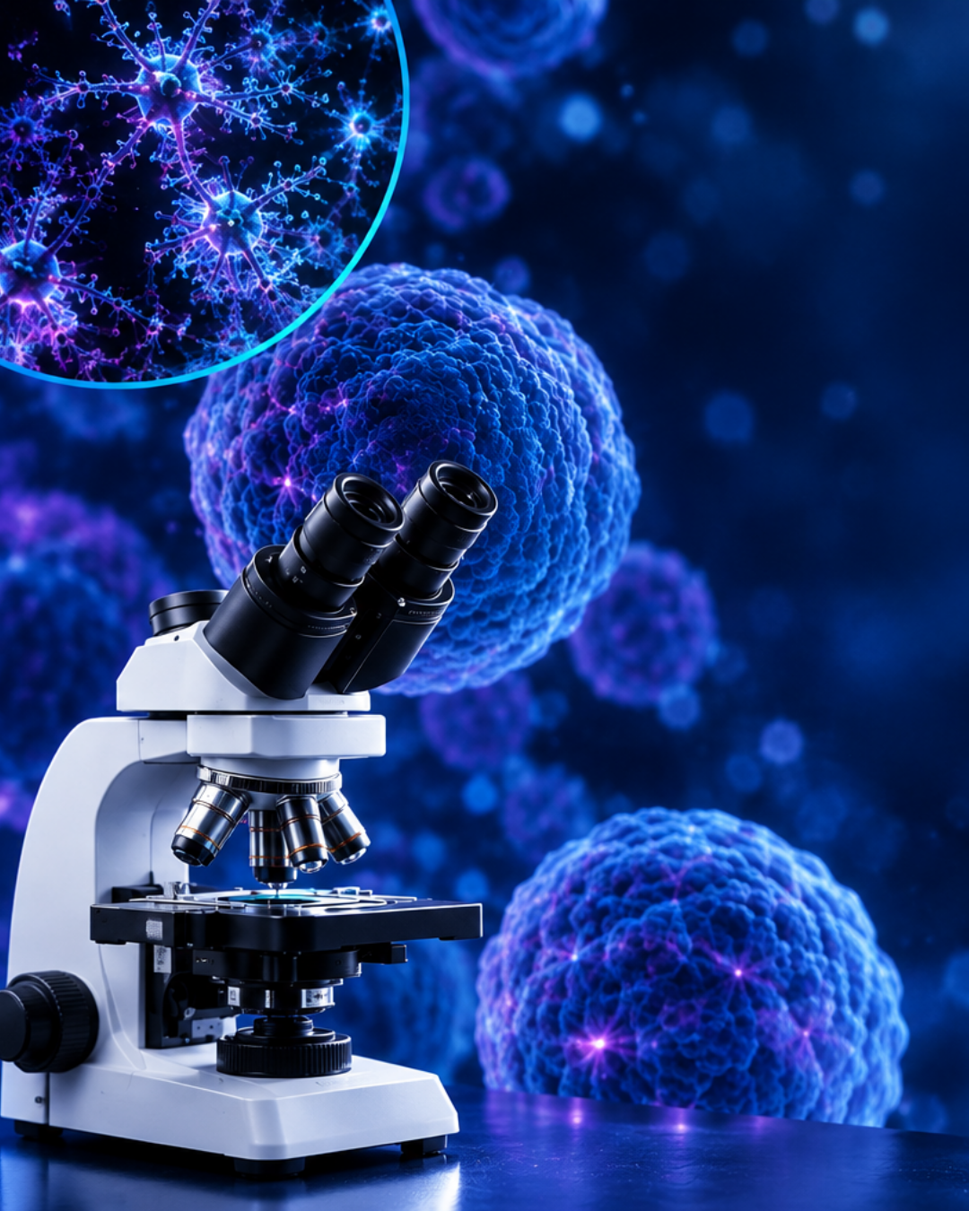 Microscopio frente a células azules y violetas
